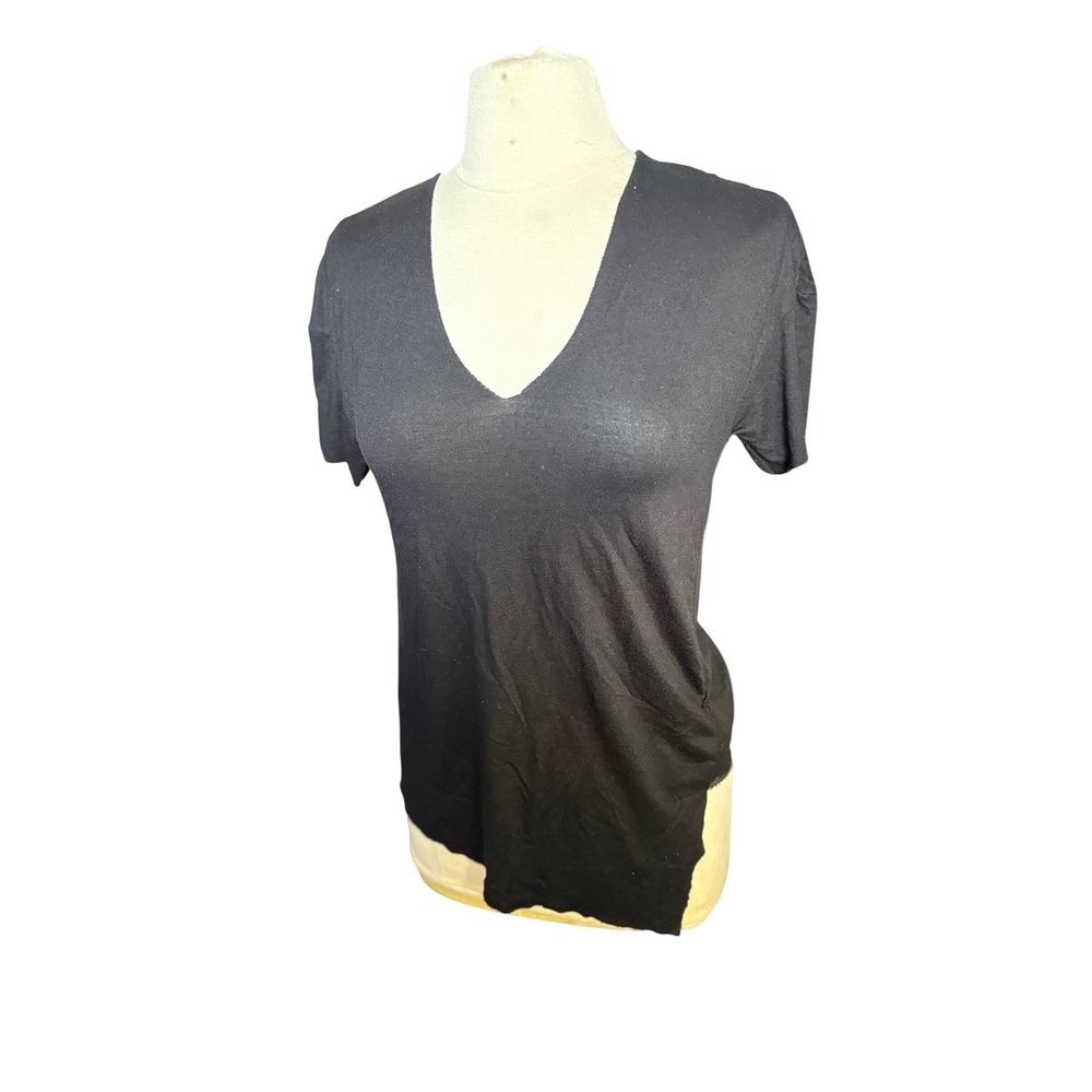 Black V Neck Raw Hem T Shirt Asymmetrical‎ Tunic Top Womens